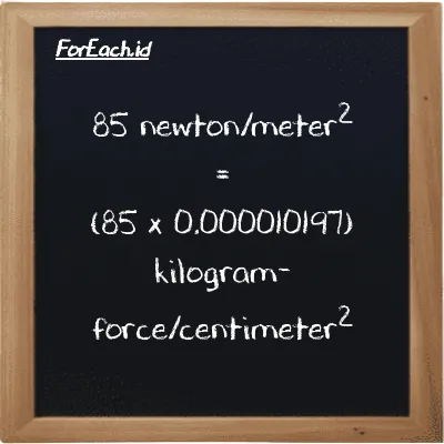 85 newton/meter<sup>2</sup> is equivalent to 0.00086676 kilogram-force/centimeter<sup>2</sup> (85 N/m<sup>2</sup> is equivalent to 0.00086676 kgf/cm<sup>2</sup>)